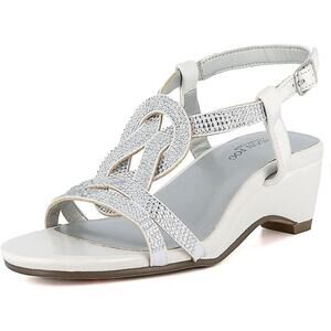 NEW London Fog Macey Demi Wedge Dress Sandal Women 7M White Slingback Rhinestone